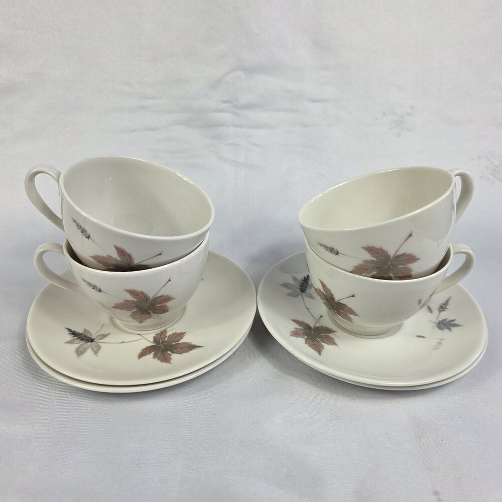 FOUR Royal Doulton Tumbling Leaves Cup & Saucer Sets Gray & Pink Leaves